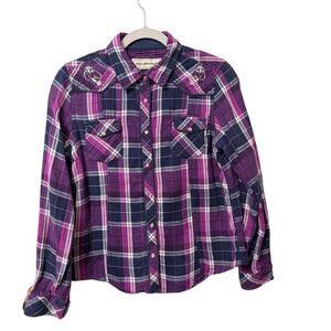 Bit & Bridle Womens Purple Plaid Western Snap Shirt Horse Embroidery Medium